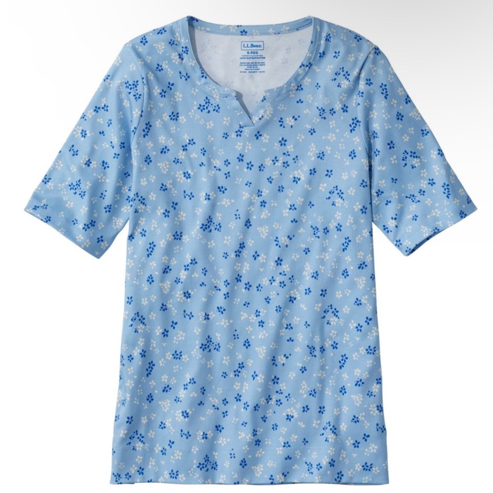 Lt Blue L.L.Bean Notch-Neck Elbow-Sleeve Pima Cotton Tunic Printed Tee